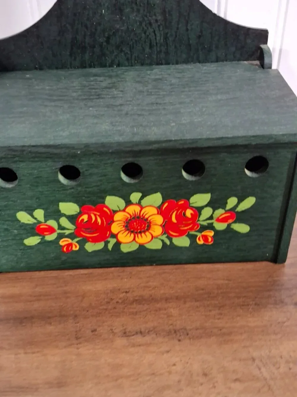 Vintage Wooden Wall Kitchen Box Recipe Green Floral Painted Cottagecore Storage
